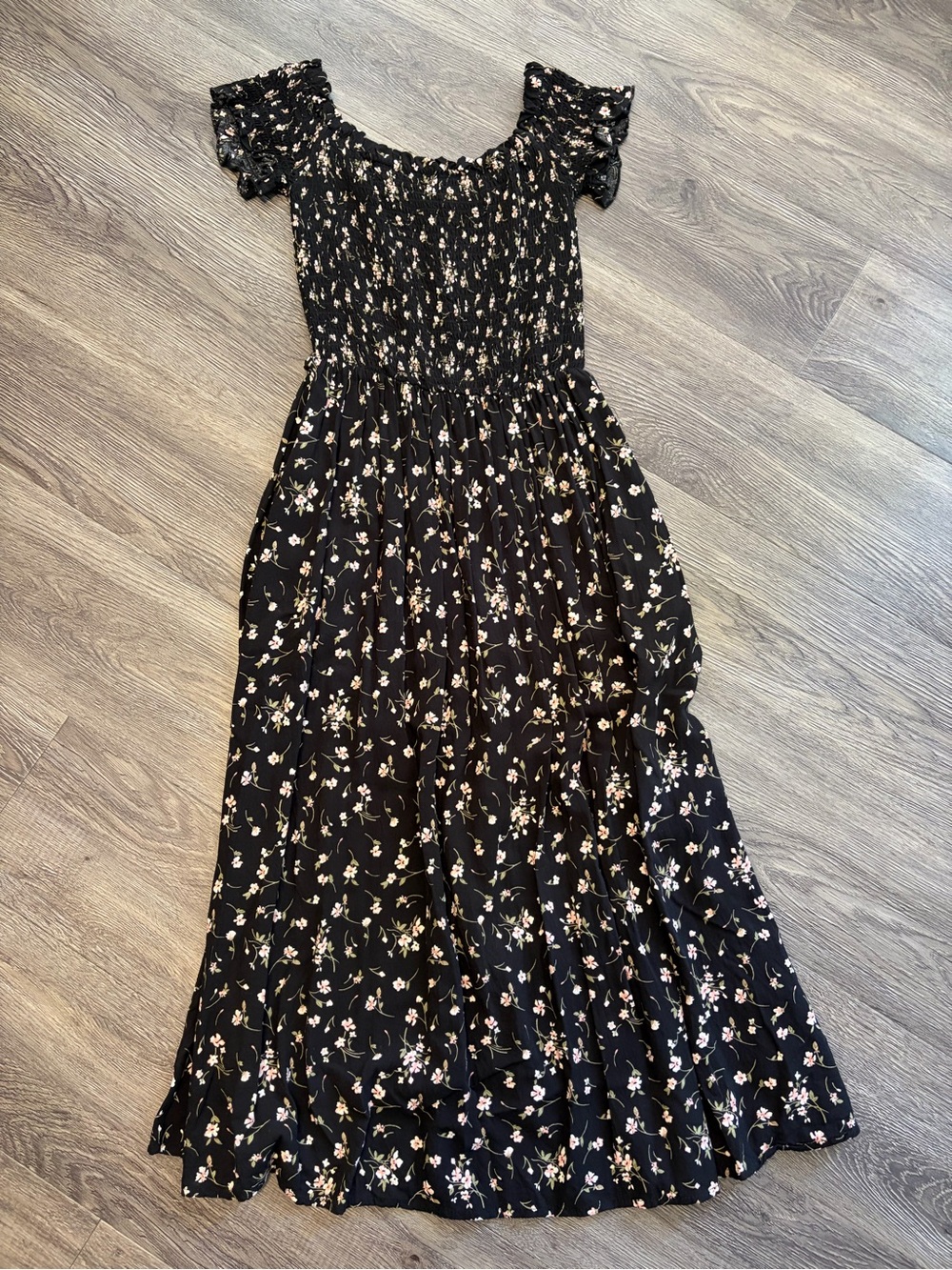 Suzy Shier Black Floral Off-Shoulder Maxi with Smocked Bodice